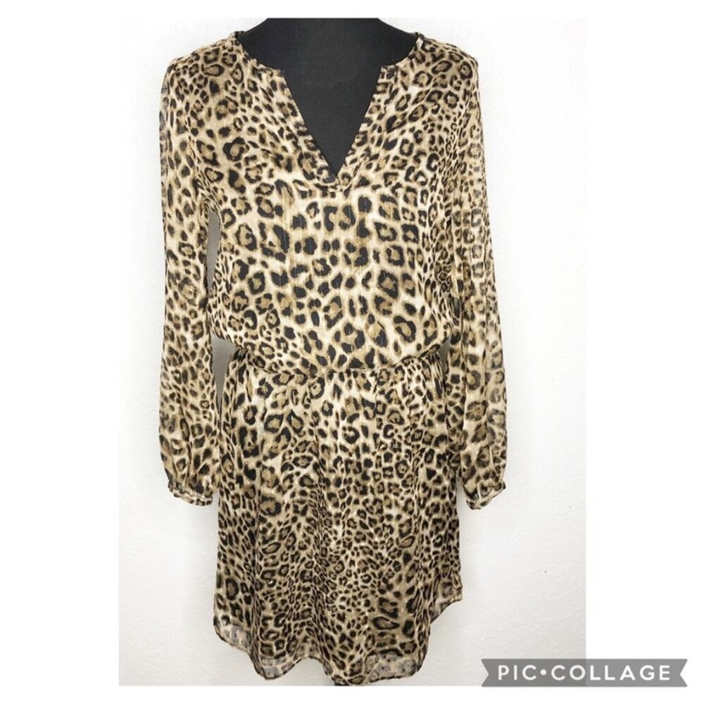 WHBM tan black leopard print metallic sheer overlay dress size 4
